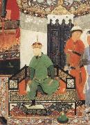 Bihzad Timur enthroned and holding the white kerchief of rule painting