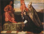 Titian By Pope Alexander six th as the Saint Mala enterprise's hero were introduced that kneels in front of Saint Peter's Ge the cloths wears Salol painting