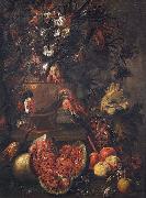 Anonymous Stilleben mit Blumen, aufgeschnittener Melone und anderem Obst sowie einem Papagei Germany oil painting artist