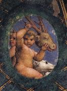 Correggio Two ovals depicting a putto with a stag's head and a putto with a greyhound oil painting