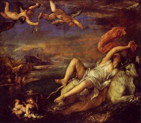 Titian The Rape of Europa  is a bold diagonal composition which was admired and copied by Rubens. Germany oil painting art