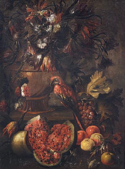 Anonymous Stilleben mit Blumen, aufgeschnittener Melone und anderem Obst sowie einem Papagei Germany oil painting art