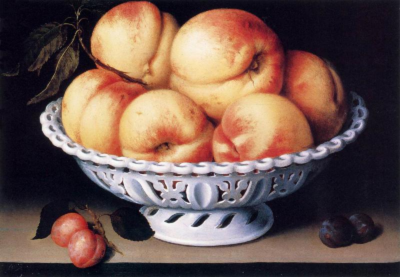 Galizia,Fede White Ceramic Bowl with Peaches and Red and Blue Plums oil painting image