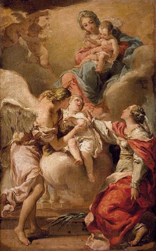 Gandolfi,Gaetano St Giustina and the Guardian Angel Commending the Soul of an Infant to the Madonna and Child oil painting picture