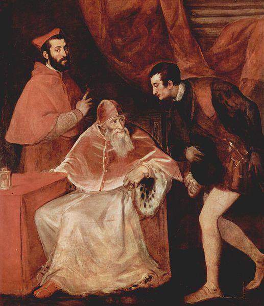 Titian Portrat des Papstes Paulus III mit Kardinal Alessandro Farnese und Herzog Ottavio Farnese. Germany oil painting art
