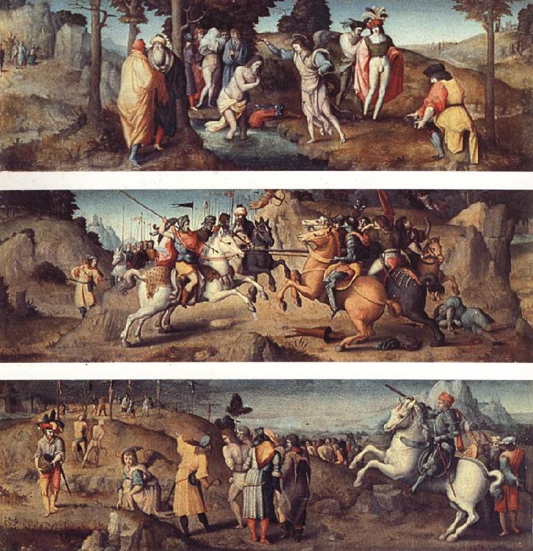 Bachiacca The Baptism of St.Acacius and Company St.Acacius Combats the Rebels with the Help of the Angels The Martyrdom of St.Acacius and Company oil painting picture