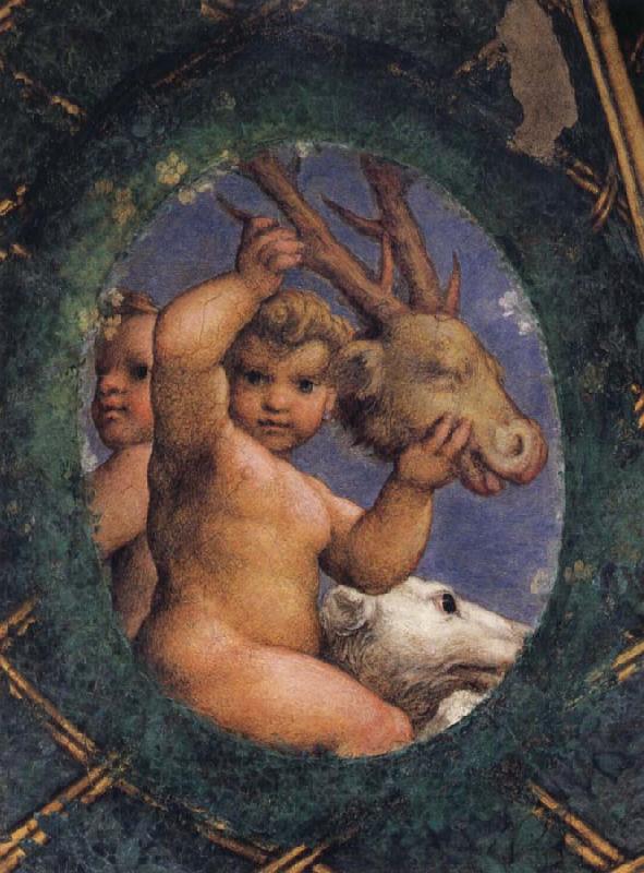 Correggio Two ovals depicting a putto with a stag's head and a putto with a greyhound oil painting image