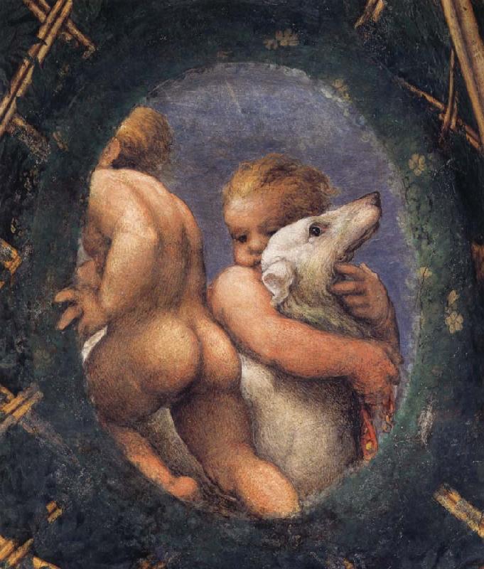 Correggio Detail of an oval with a putto embracing a dog oil painting image